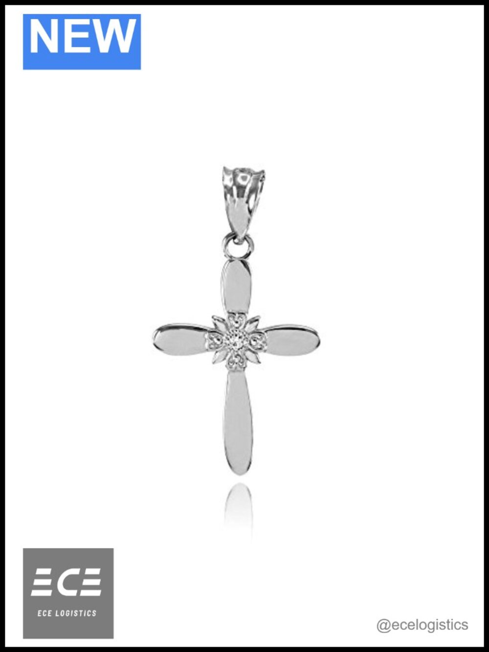 14K White Gold Diamond Accented Solitaire Starburst Flower Petal Cross Pendant